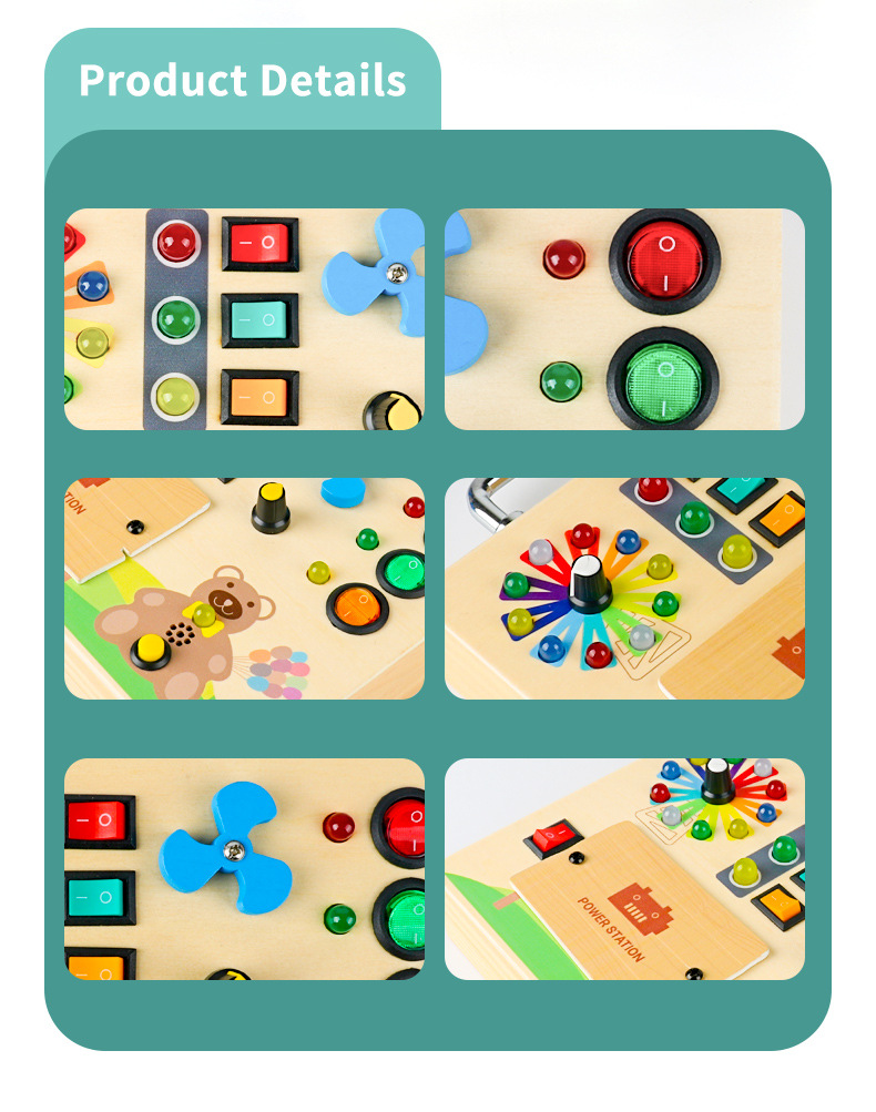 跨境爆款新品儿童早教木制led灯插座开关忙碌板玩具动手木质玩具详情10