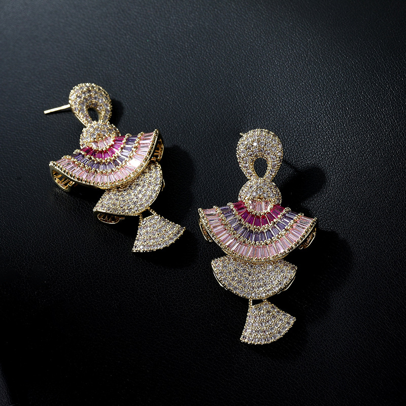 欧美重工彩色锆石小裙子耳饰S925银针耳坠立体渐变粉色扇形耳环详情19