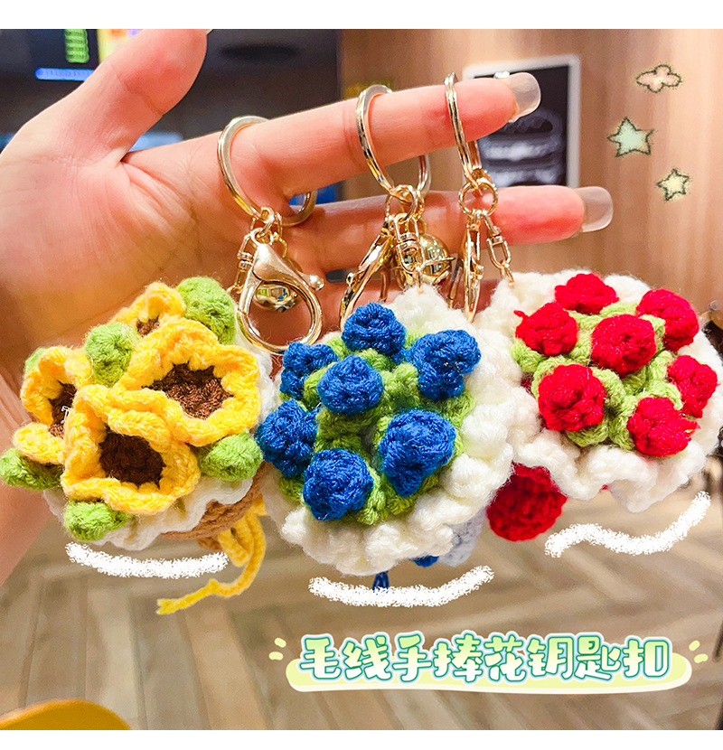 Woolen hand-held bouquet sunflower keychain pendant, artificial rose hand-crocheted ins-style bag hanging accessory pic 14