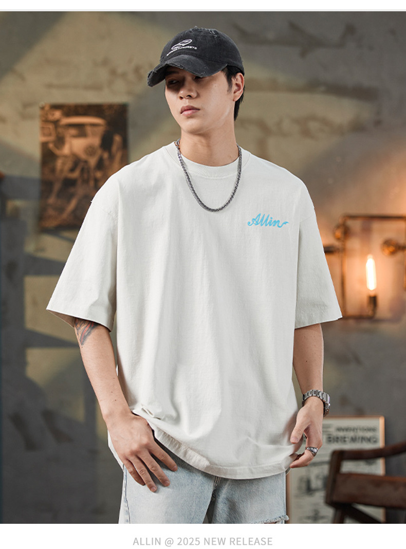 ALLIN pure cotton heavy-duty short-sleeved T-shirt for men, a summer trendy brand with three-dimensional printed letters and loose round-neck couple tops pic 21