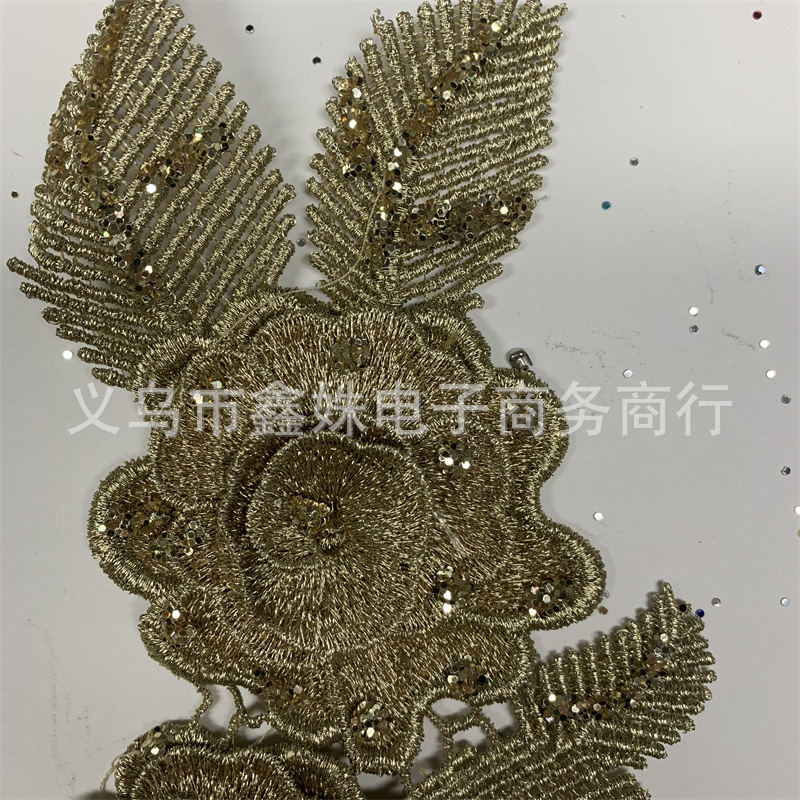 Embroidered gold thread flower-patterned fabric stickers for clothing decoration pic 2