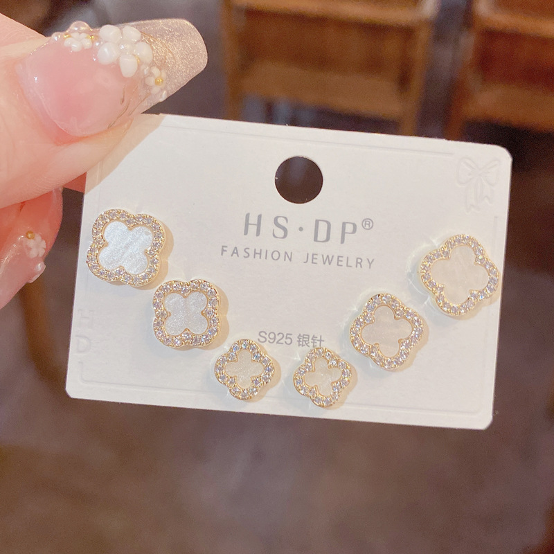 s925银针微镶锆石四叶花三件套耳钉女气质时尚简约小巧耳环耳饰女详情20