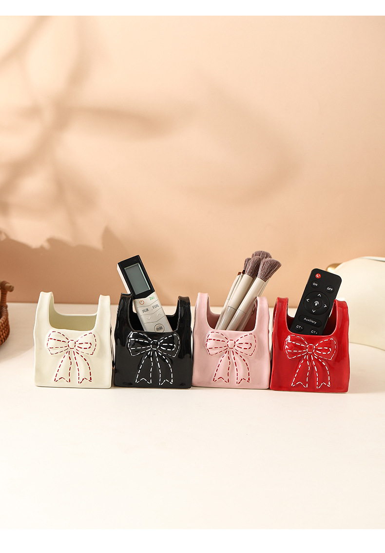 Desktop remote control, makeup brush storage box, creative bow, ceramic pen holder, home organizing stationery storage box pic 7