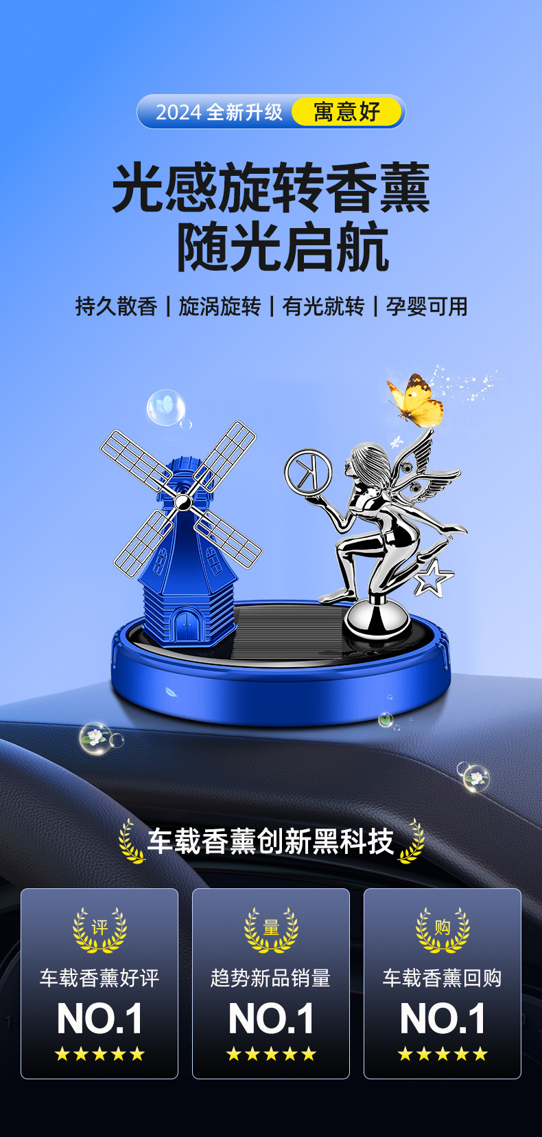 汽车摆件太阳能旋转天使风车车载香薰女士车内精油装饰用品详情1