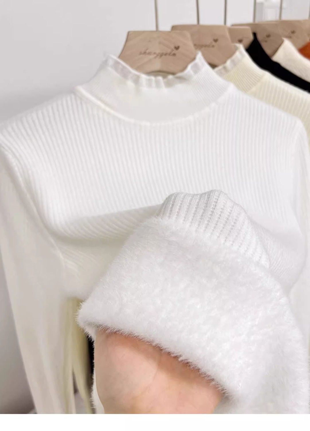 Autumn and winter semi-high neck with fleece lace one-piece fleece thickening 2024 new style black fungus knitted sweater base top sweater for women pic 7