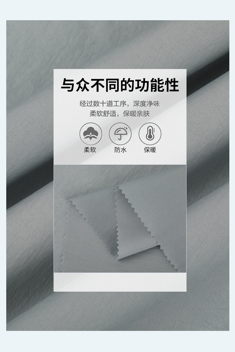 GALAXY时尚户外服装防晒面料灰色褶皱布料UPF50+防护标签信息白色连帽外套幅宽136cm克重56g㎡详情3