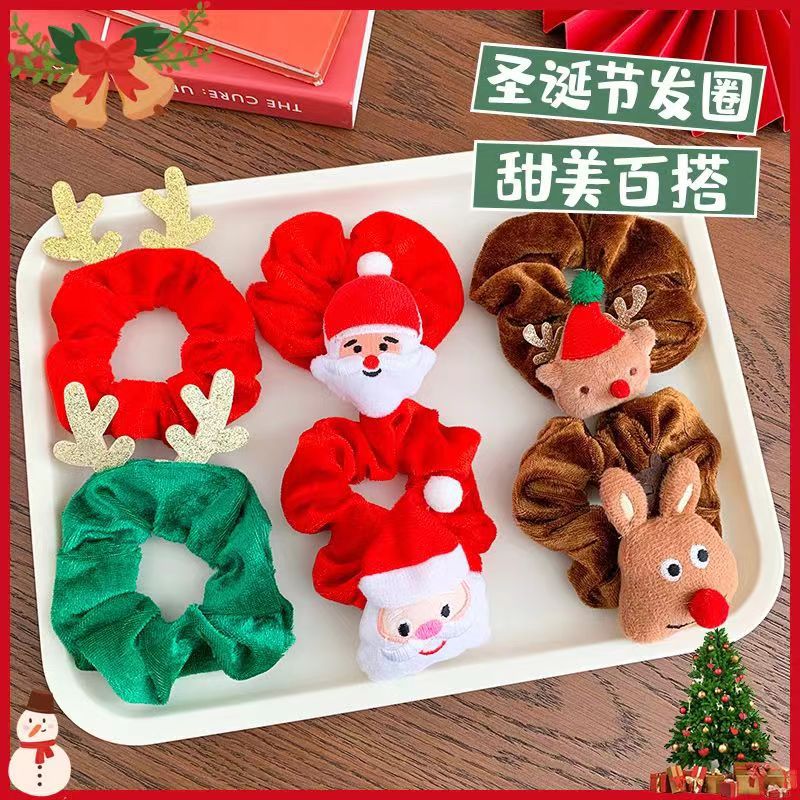 卡通圣诞毛绒发圈 麋鹿老人圣诞节发饰 可爱圣诞树跨境爆款大肠圈详情1
