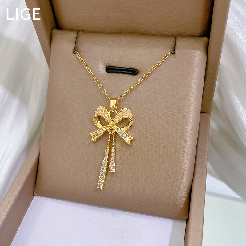 【钛钢】项链耳环套装轻奢满钻蝴蝶结流苏个性气质宴会耳饰项饰组详情10