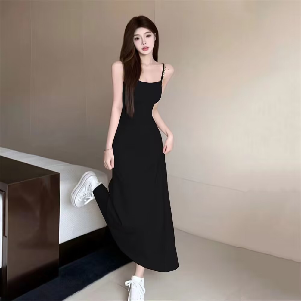 2025夏季辣妹弹力吊带连衣裙子女无袖露肩收腰显瘦一字肩打底长裙详情3