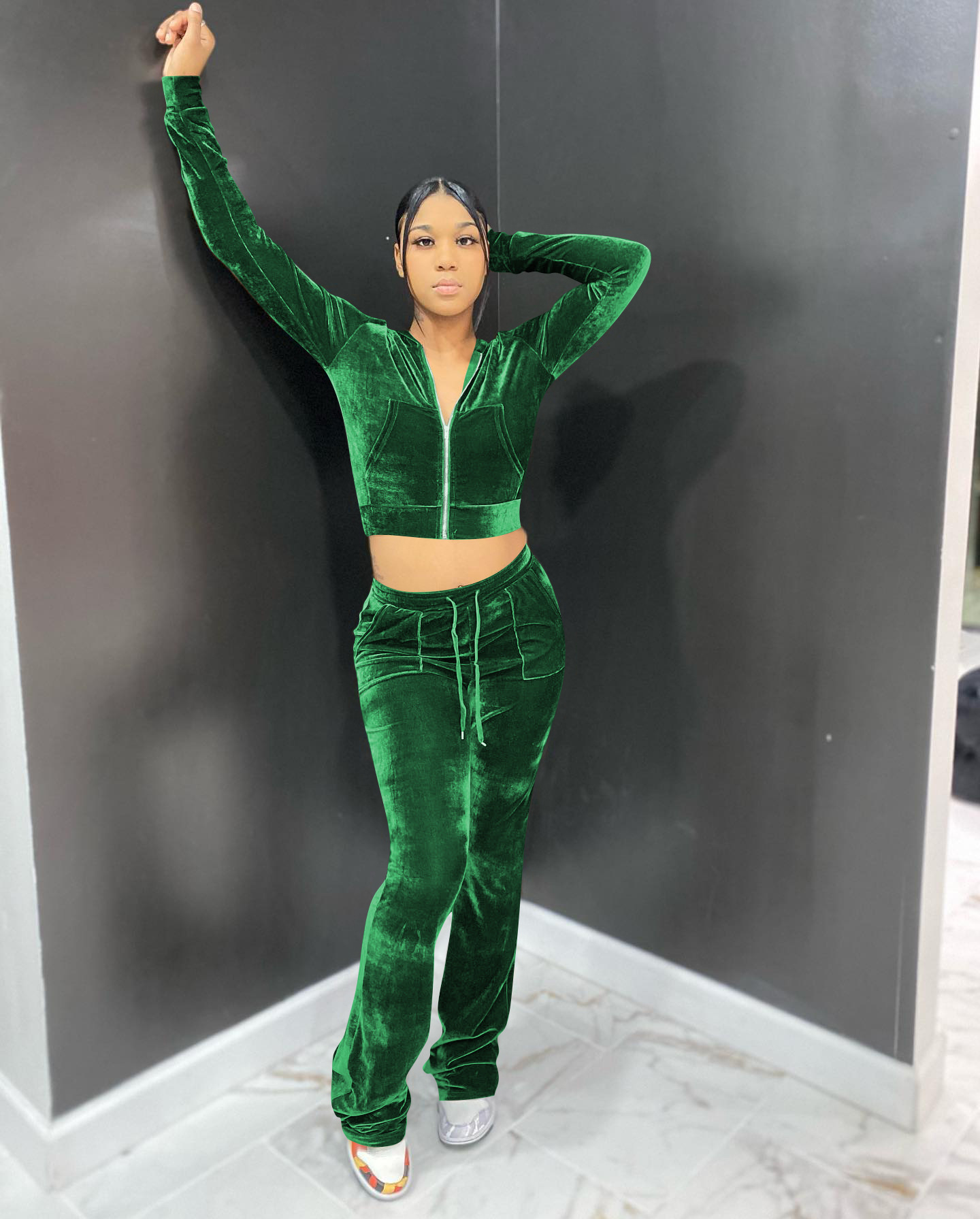 Solid color gold velvet wide-leg pants two-piece set pic 97