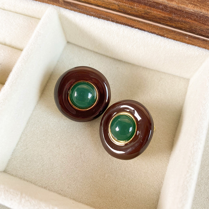 赫本风珐琅彩安哥拉红色绿色圆形珍珠耳钉复古vintage网红爆款详情4