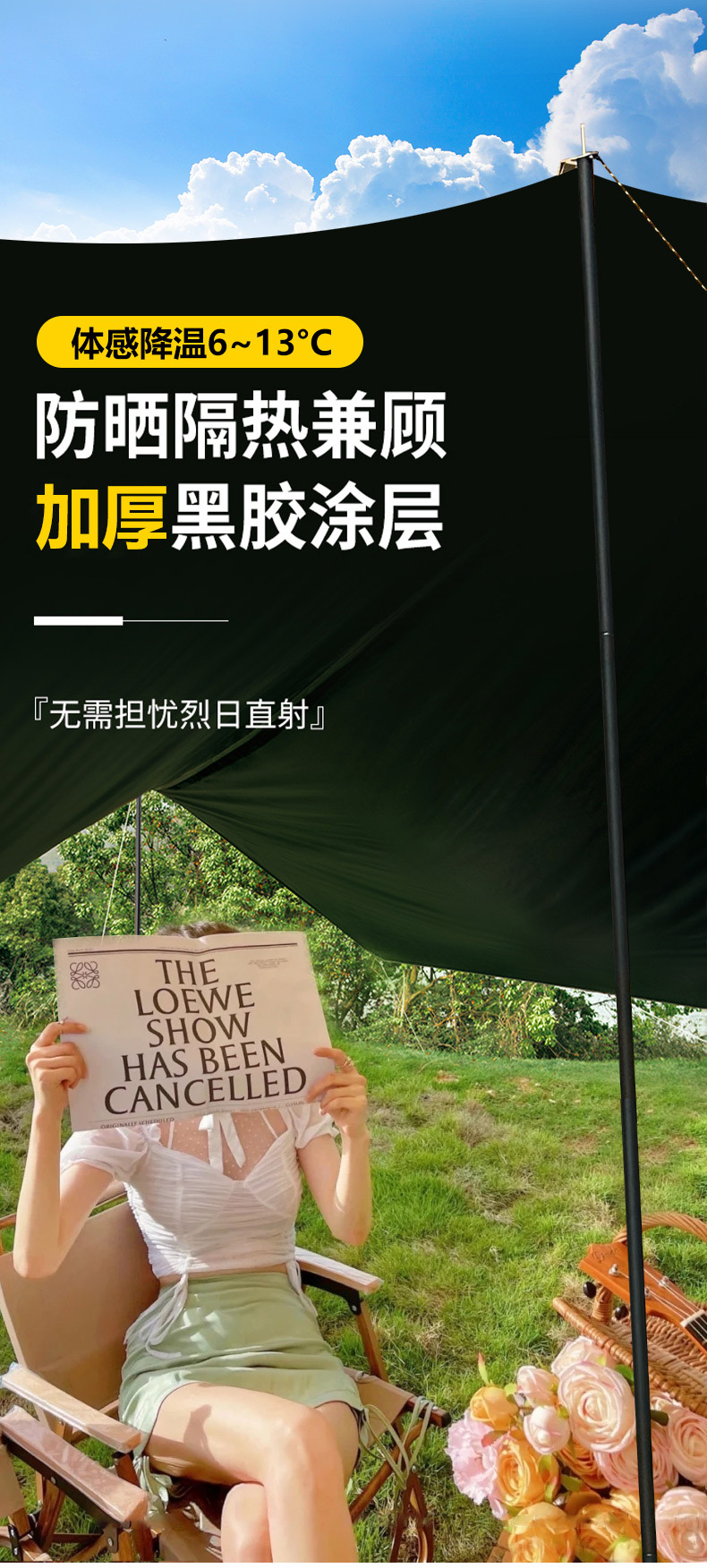 天幕帐篷户外加厚黑胶防晒遮阳棚便携式蝶形六角野营露营用品装备详情9