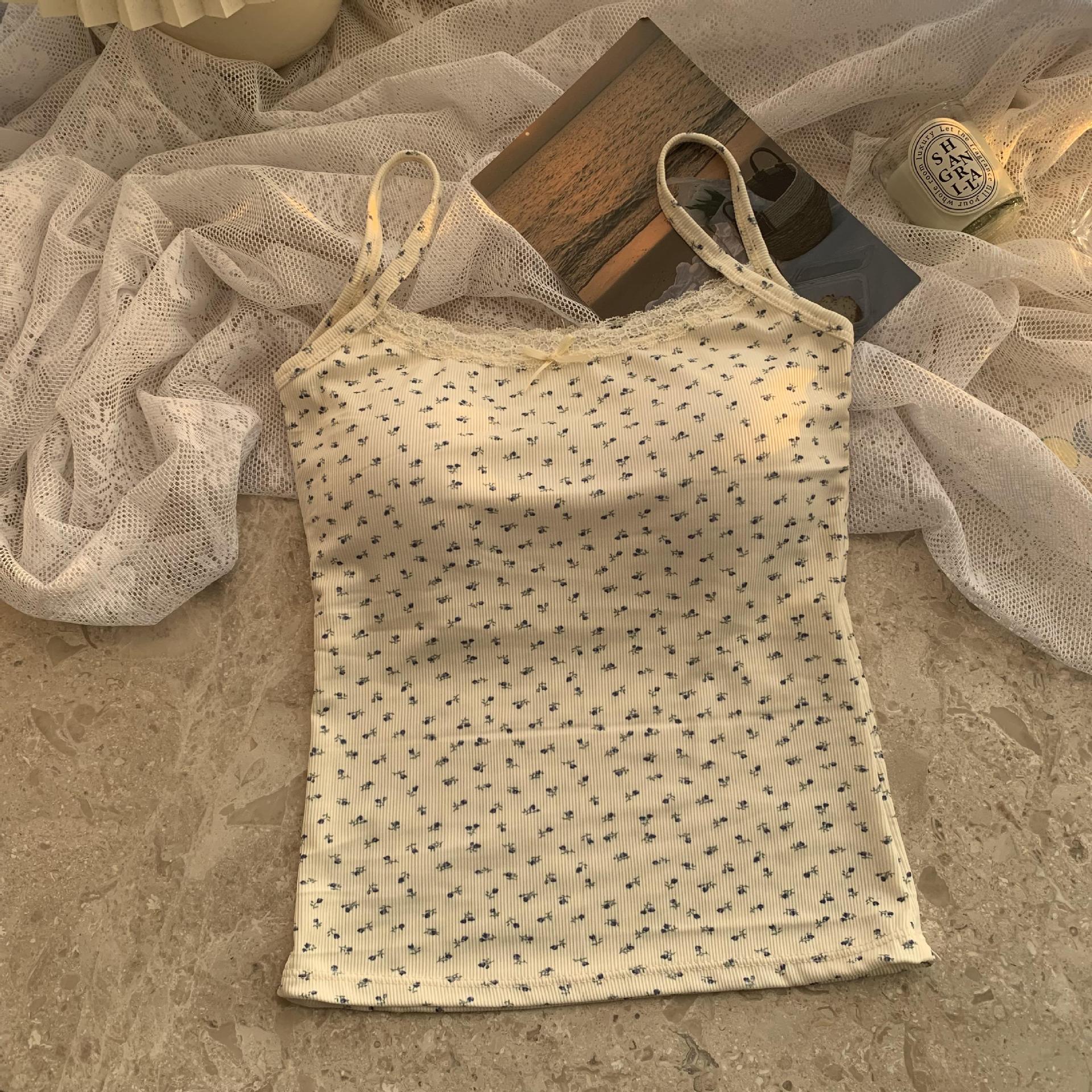 甜辣妹蓝色蕾丝边吊带小背心女夏季bm碎花内搭打底短款带胸垫上衣详情12
