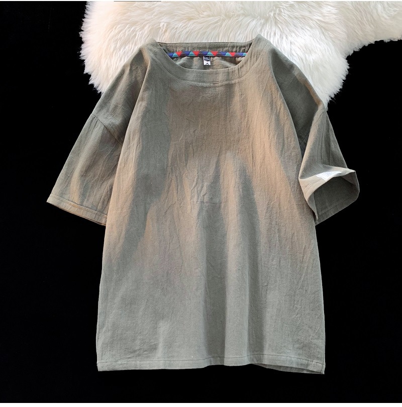 Linen short-sleeved T-shirt for men, a new summer trend. Cotton and linen half-sleeved loose solid color base layer, a trendy T-shirt top pic 28