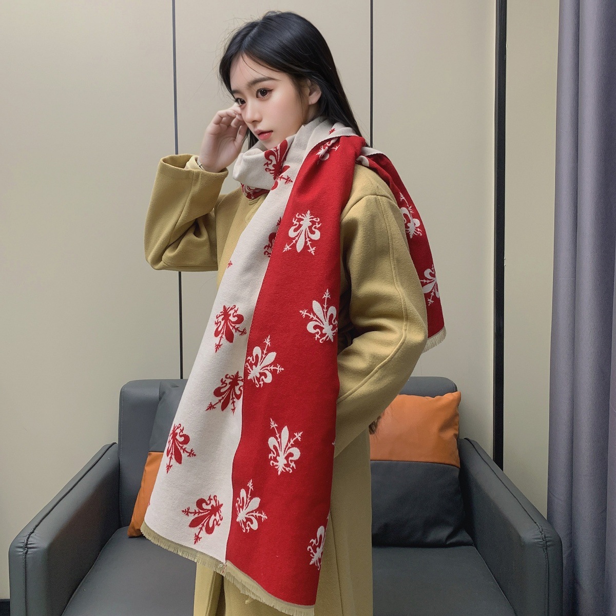 围巾女冬季欧美风格佛罗伦萨鸢尾花披肩加厚百搭双面保暖围脖保暖详情23