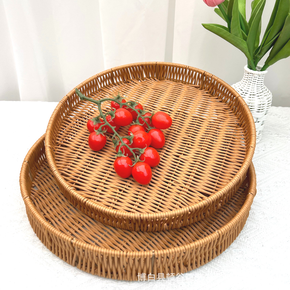 手工编织仿藤塑料圆形水果篮子零食面包收纳筐家用储物杂物工艺品礼品民间竹编详情6