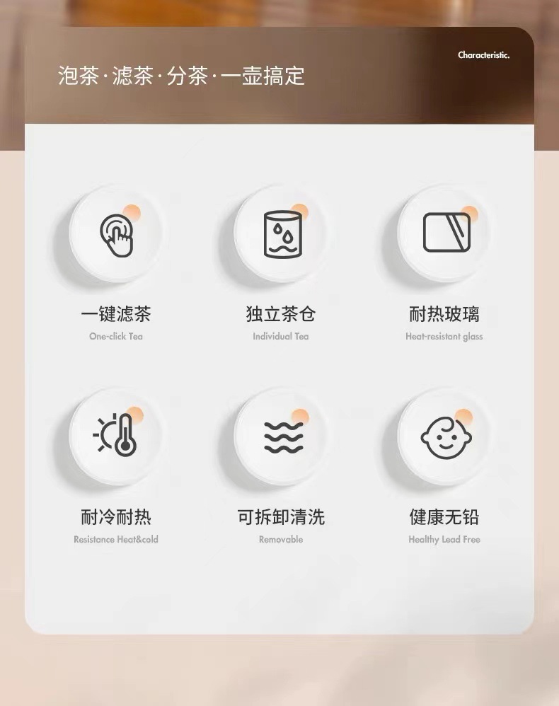 杯一键茶水分离耐高温茶具按压茶壶玻璃家用飘逸花茶壶泡茶壶详情2