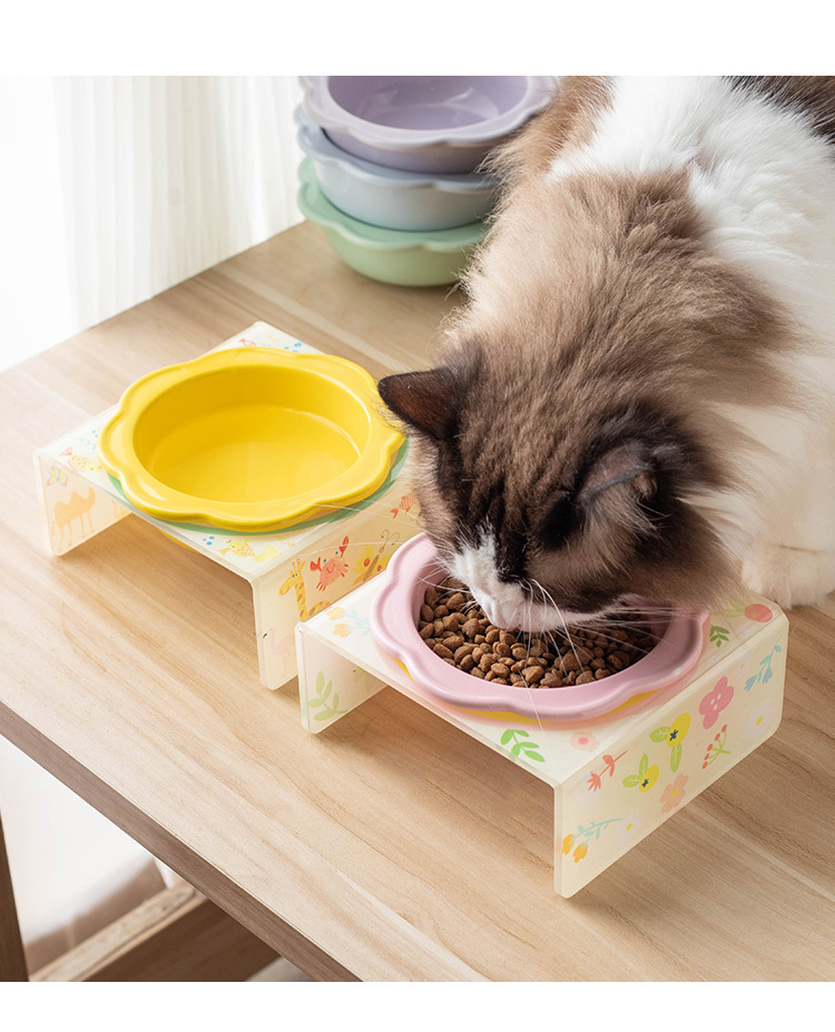 Cartoon pet bowl, acrylic stand, flower ceramic cat bowl, height-increasing dining table, single bowl stand for cats and dogs, neck guard to prevent knocking pic 3