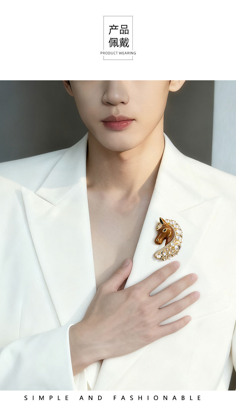 Original design: Good Luck Horse Head brooch, copper inlaid with zircon, real gold electroplated with oil, exquisite brooch, suitable for both men and women pic 9