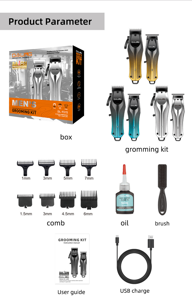 DALING 9315 Hair Clipper Set, gradient body, USB charging port, electric pusher, Professional hair clipper pic 12