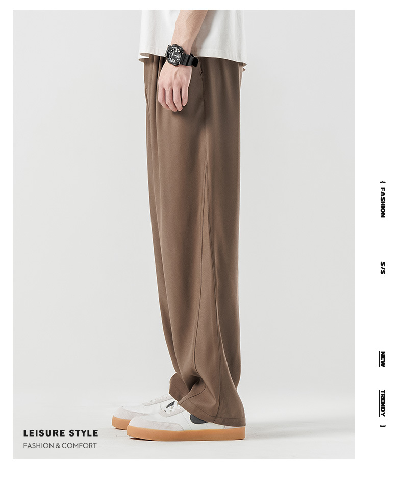 Drapeado casual traje pantalones hombre verano fino hielo seda suelto drapeado sentido marrón premium sentido recto pantalones largos pic 3