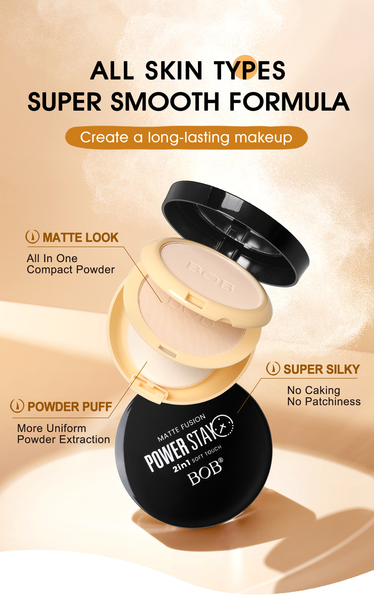 Cross-border bob Light-sensing Constant Color Setting Powder Compact is waterproof, oil-control, moisturizing, long-lasting, concealer and does not smudge, brightening the skin in daily life pic 3