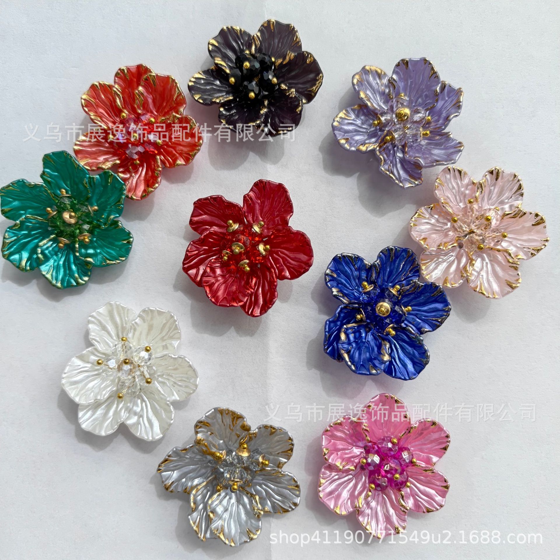双层花朵 头饰复古发簪 染色多瓣花 S099手缝花ABS仿珍珠牡丹详情1