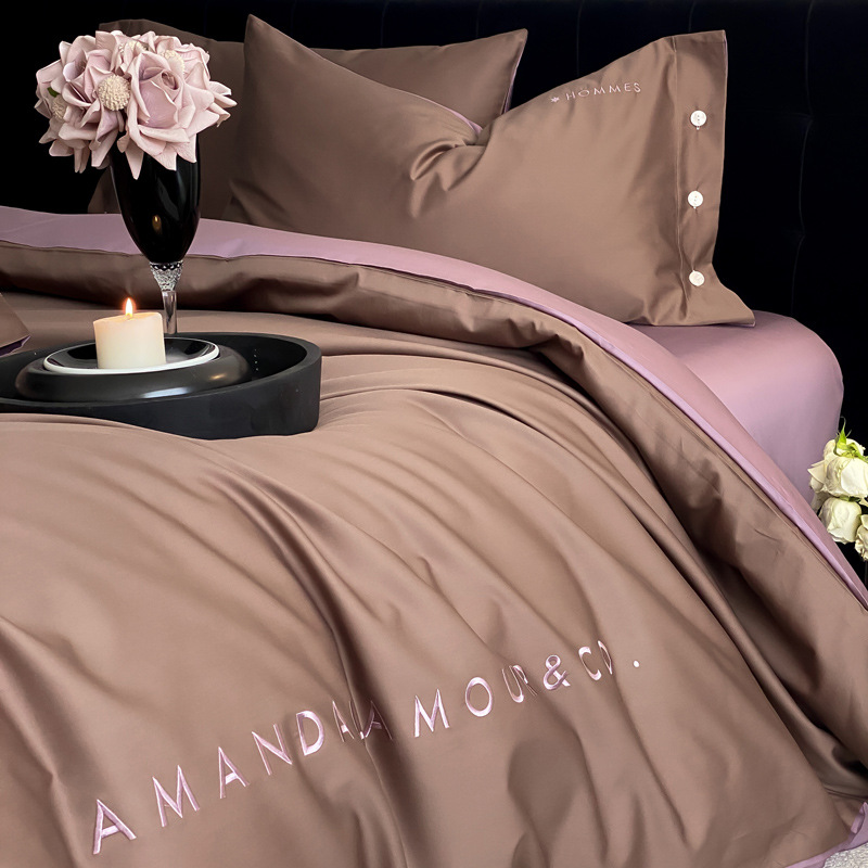 Simple, light luxury and fashionable solid-color long-staple cotton four-piece set, pure cotton letter-embroidered duvet cover, double bedding pic 53