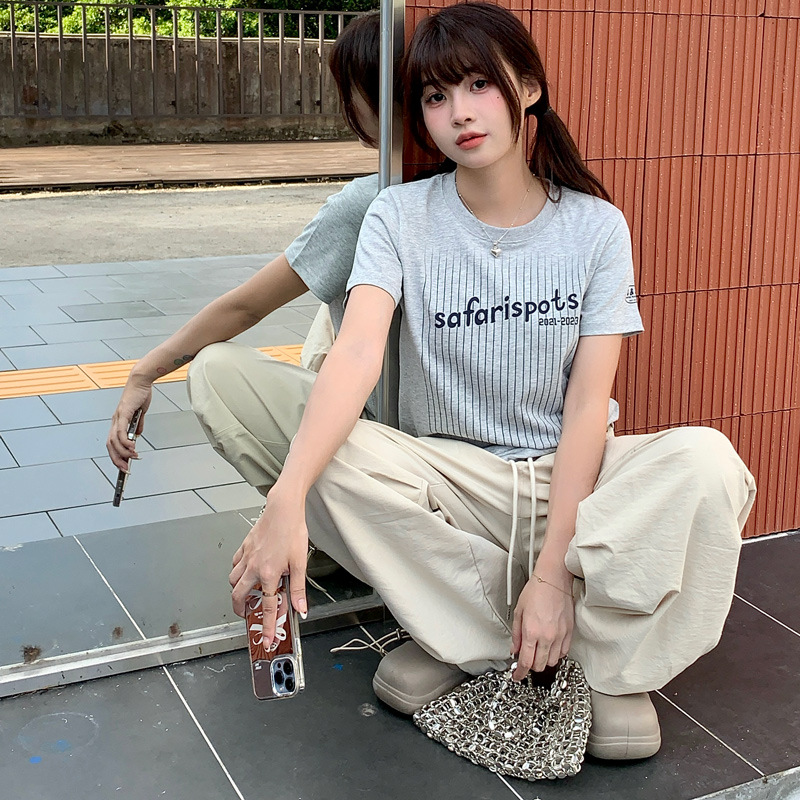 韩国小众潮流休闲运动风33号前后印花竖条字母显瘦正肩短袖T恤女详情6