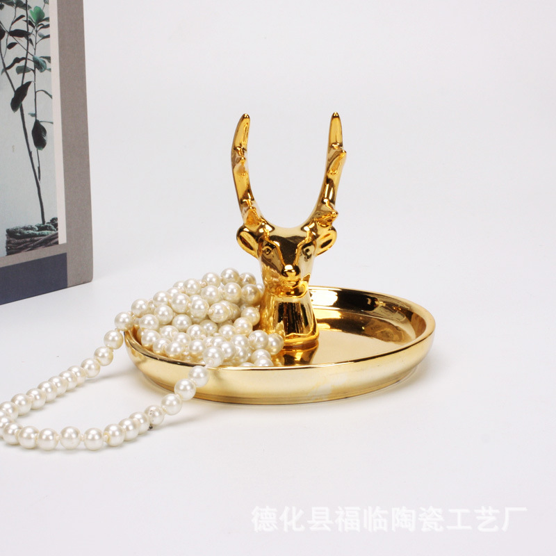 Nordic gold-plated ceramic handicrafts, gift jewelry plates, rings, watches, home storage plates, golden deer animal ornaments pic 49