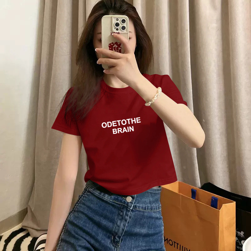 Pure cotton short-sleeved T-shirt for women, new summer style, high-waisted short, spicy girl style, slimming and petite, round-neck base layer pic 33