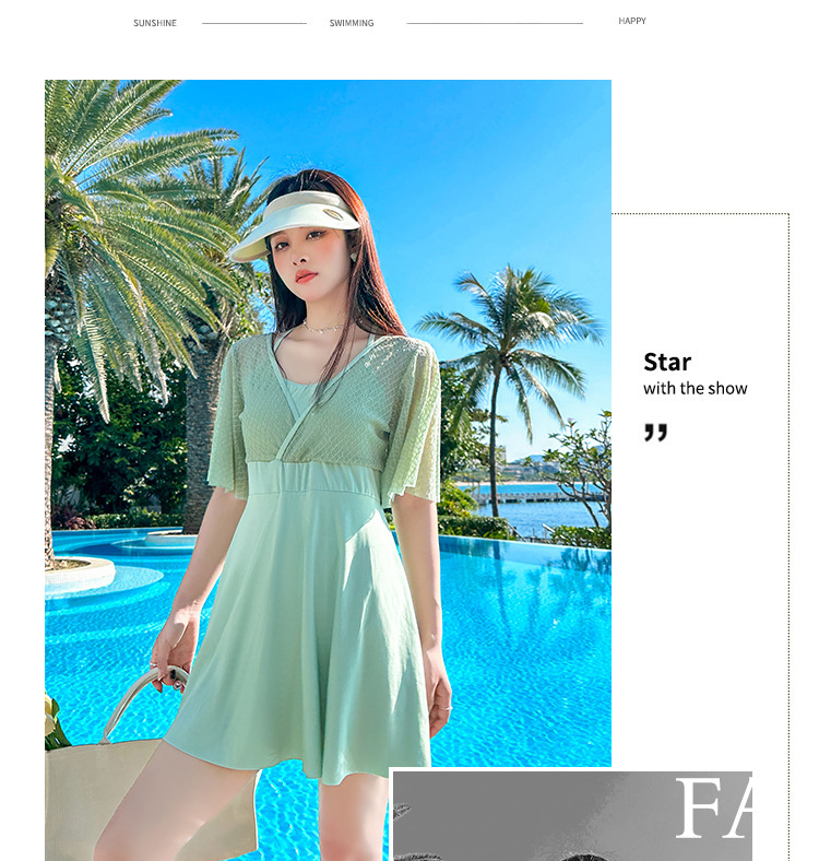 大码泳衣高级感连体平角夏季度假游泳衣遮肚显瘦保守裙式温泉泳装-028470详情4