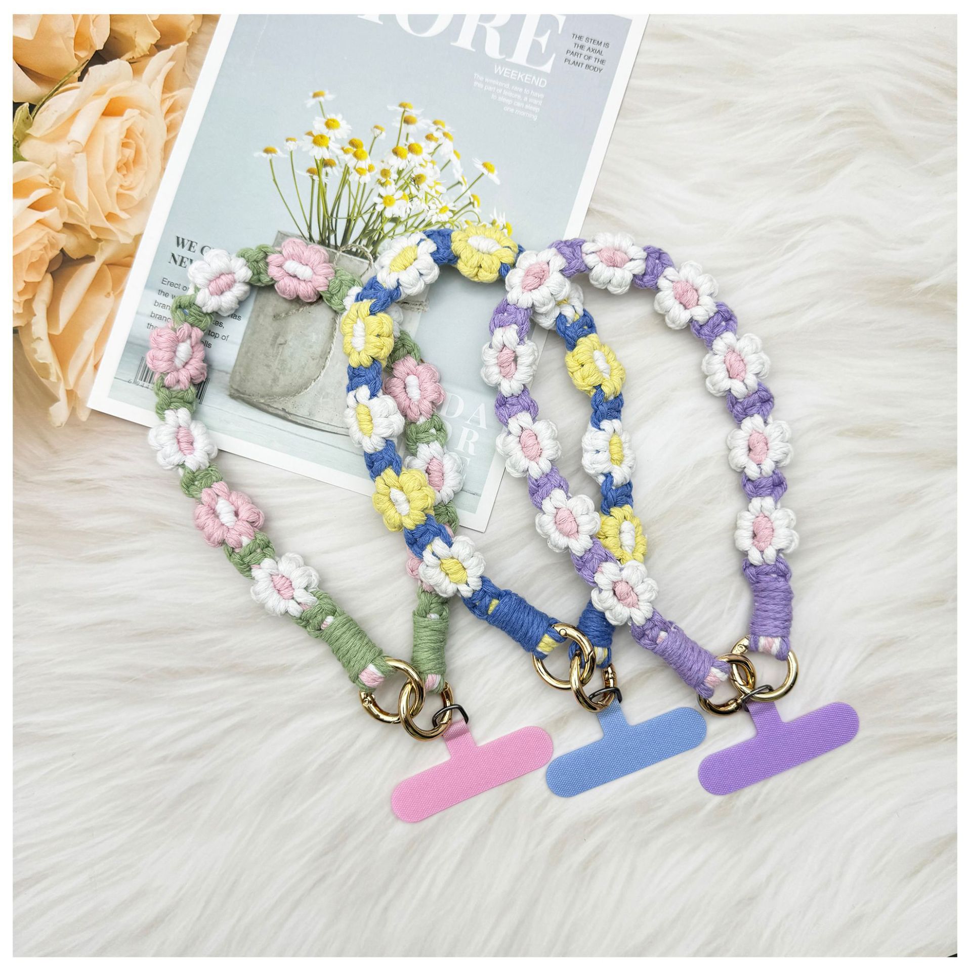 ins欧式手机挂件编织手机链小雏菊花朵编绳钥匙扣包包创意礼物女详情4