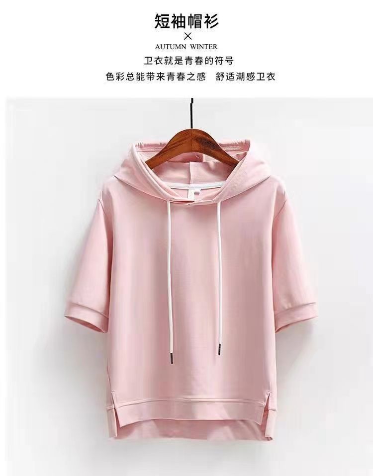 2025 Cotton Korean-style hoodie in loose solid color, new spring and summer half-sleeve split five-quarter sleeve hooded T-shirt top for women pic 3