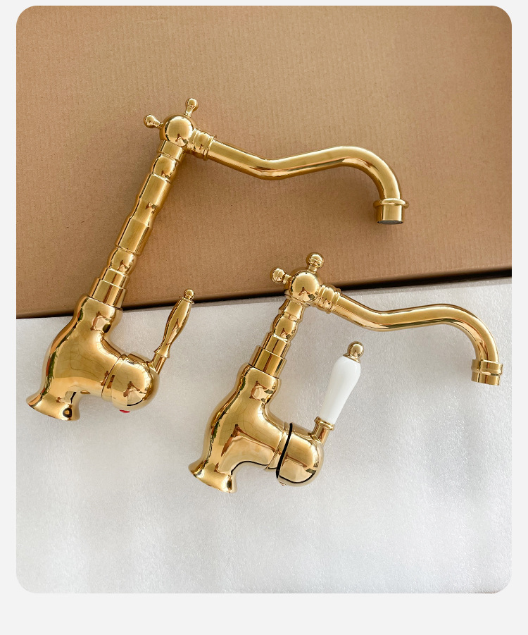 法式黄铜复古水龙头厨房家用浴室柜洗漱台面盆冷热防溅水龙头金色详情18