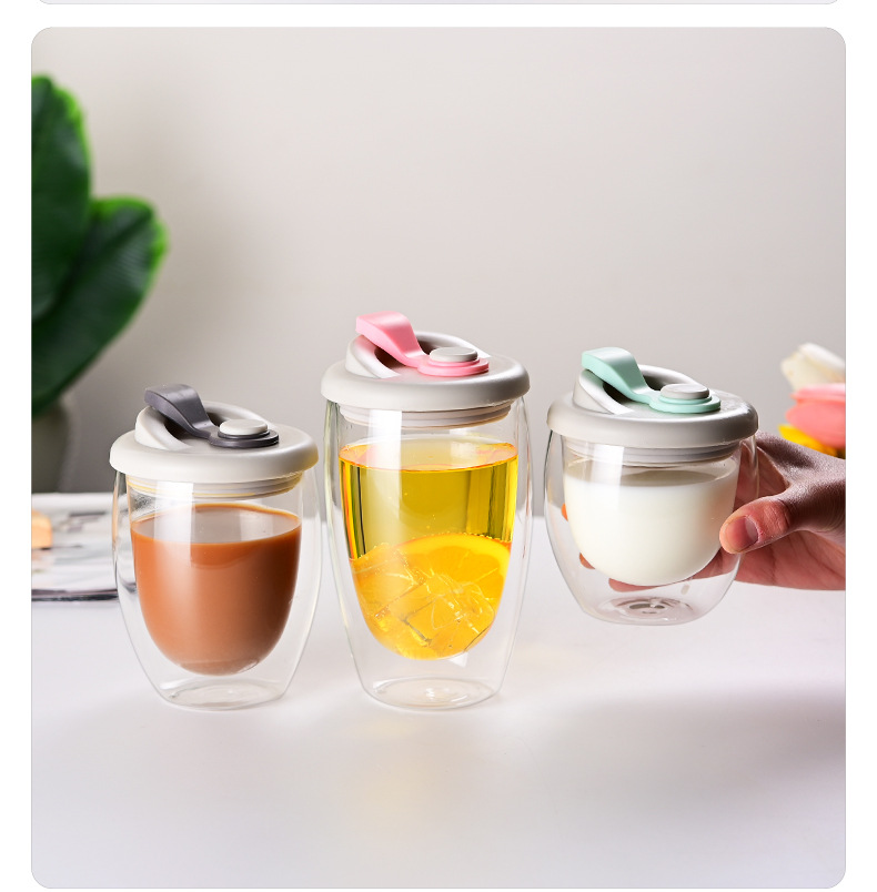 Double-layered glass cups with LIDS in stock for wholesale. Simple, high-temperature resistant, portable cups for direct drinking with LIDS and glass drinking cups pic 20