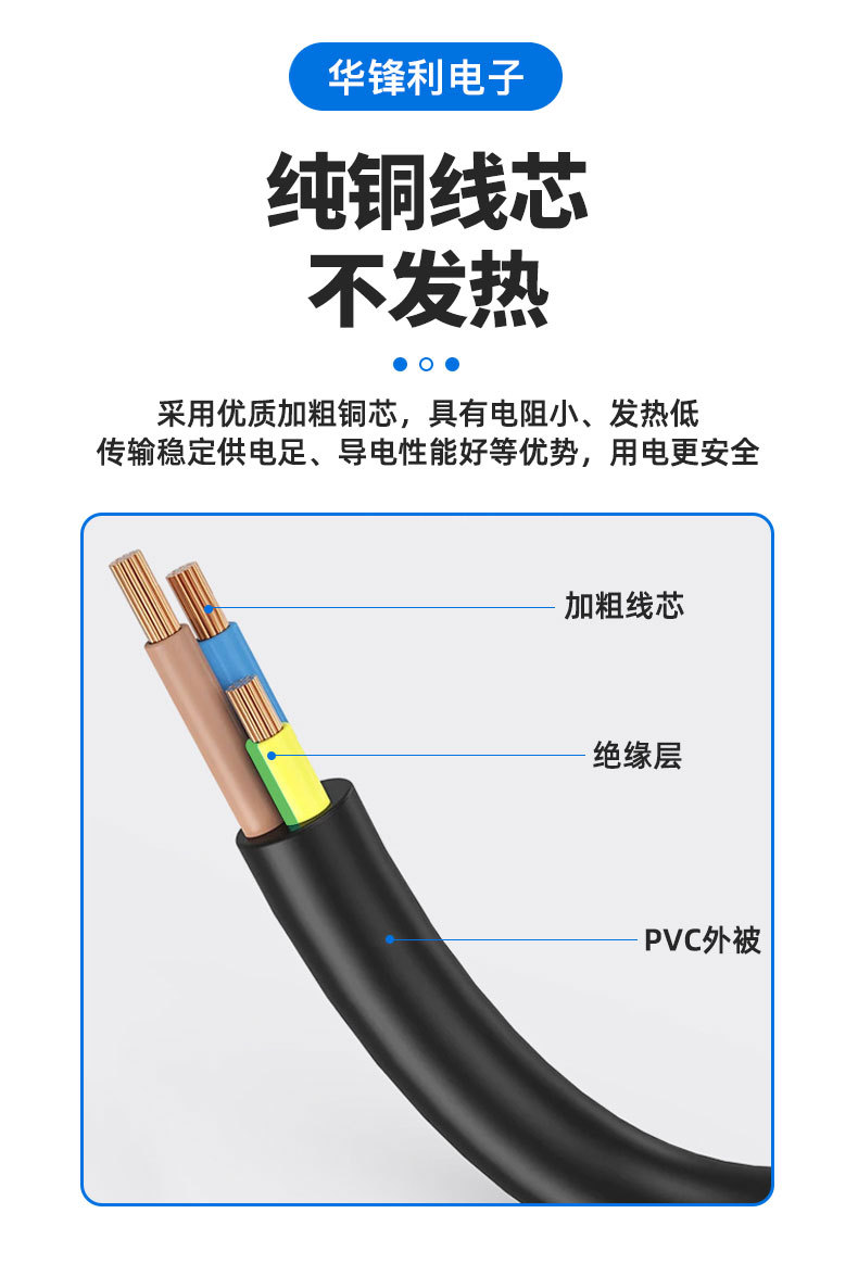 国标两插八字尾电源线 AC电源线  2*0.75平方纯铜两脚扁插头1.5米详情8