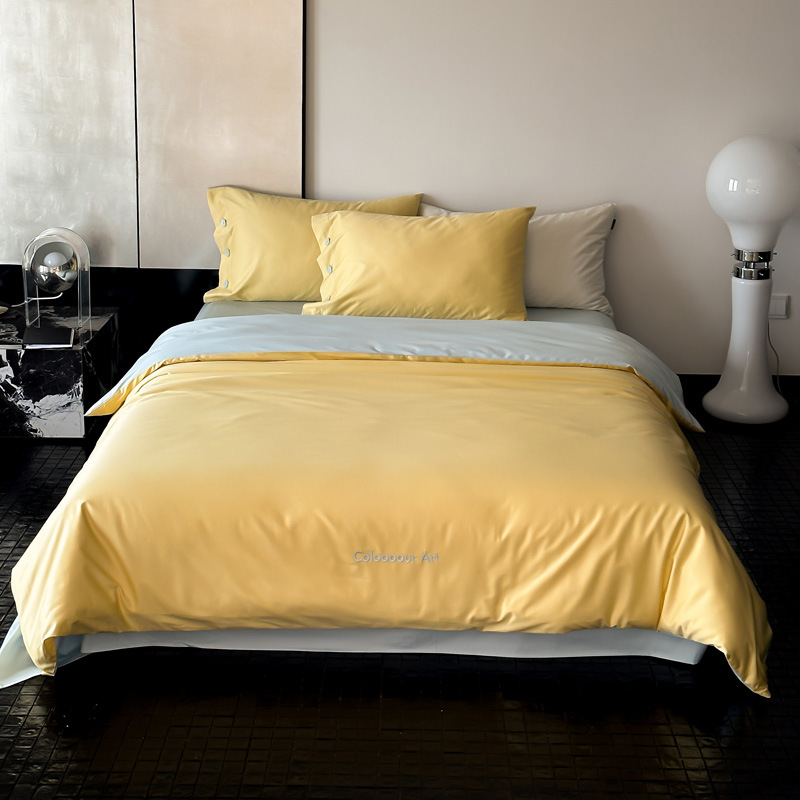 Simple, light luxury and fashionable solid-color long-staple cotton four-piece set, pure cotton letter-embroidered duvet cover, double bedding pic 90