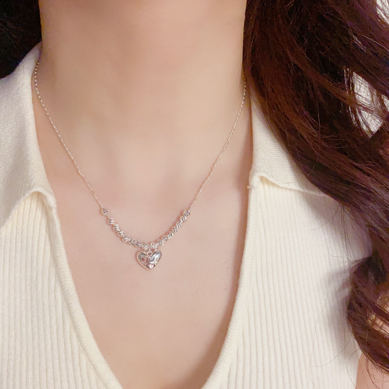 亚马逊跨境时尚简约厚银爱心吊坠项链个性轻奢冷淡风锁骨链配饰品详情10
