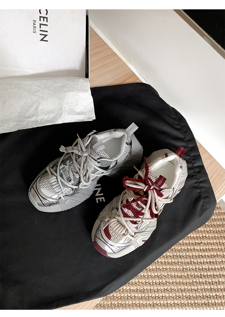 葡萄妈同款 画报女孩 时髦双鞋带网面拼接厚底增高老爹鞋女真皮详情72