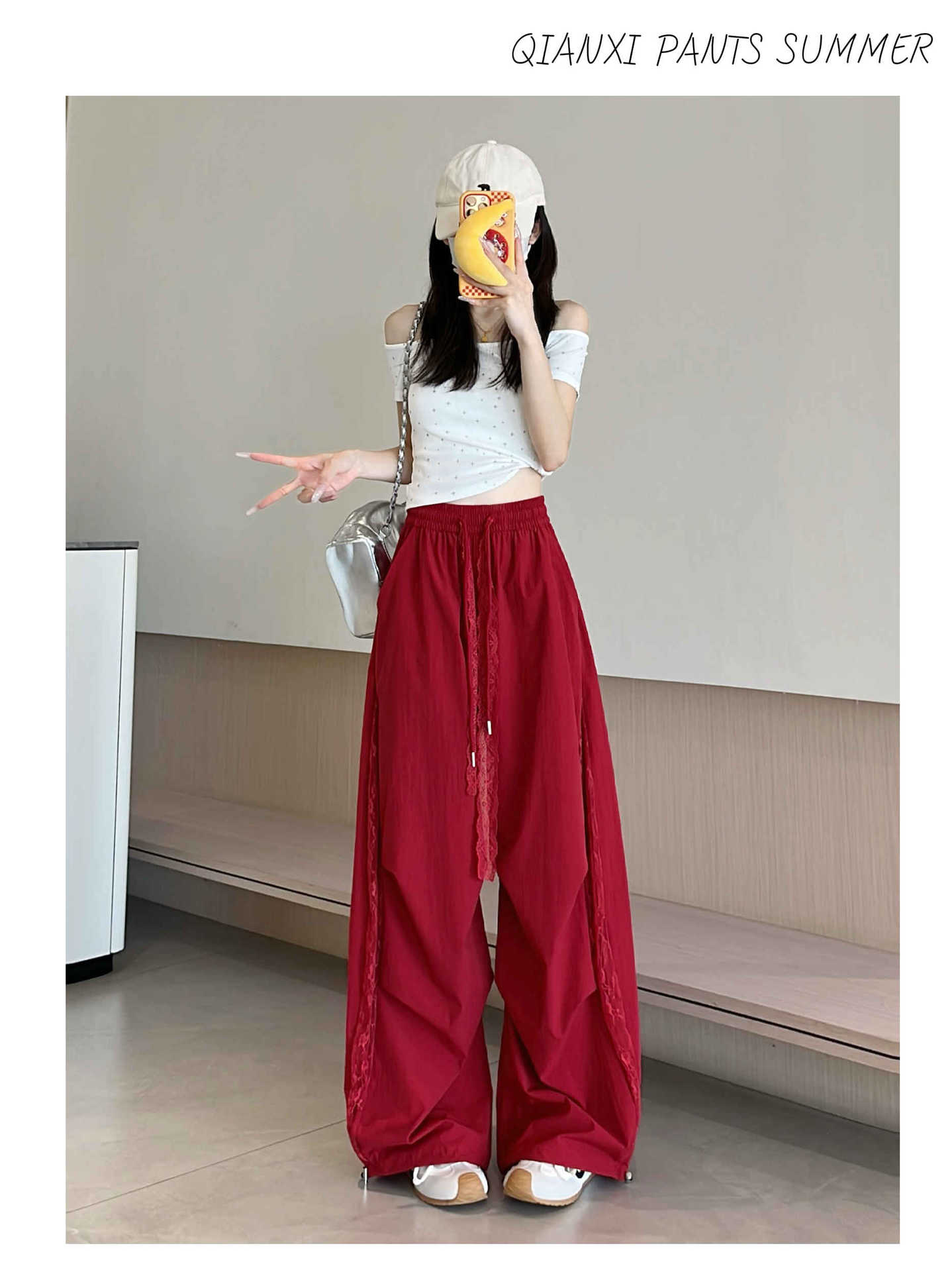 夏季薄款百搭蕾丝工装裤女2025新款镂空拼接宽松阔腿直筒裤子详情11