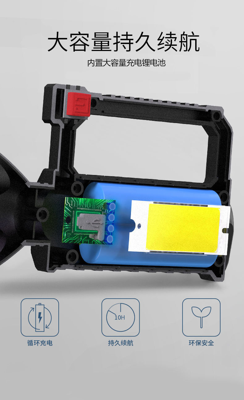 充电LED强光手电筒户外手提灯带支架巡逻夜钓COB侧灯野露营探照灯详情9