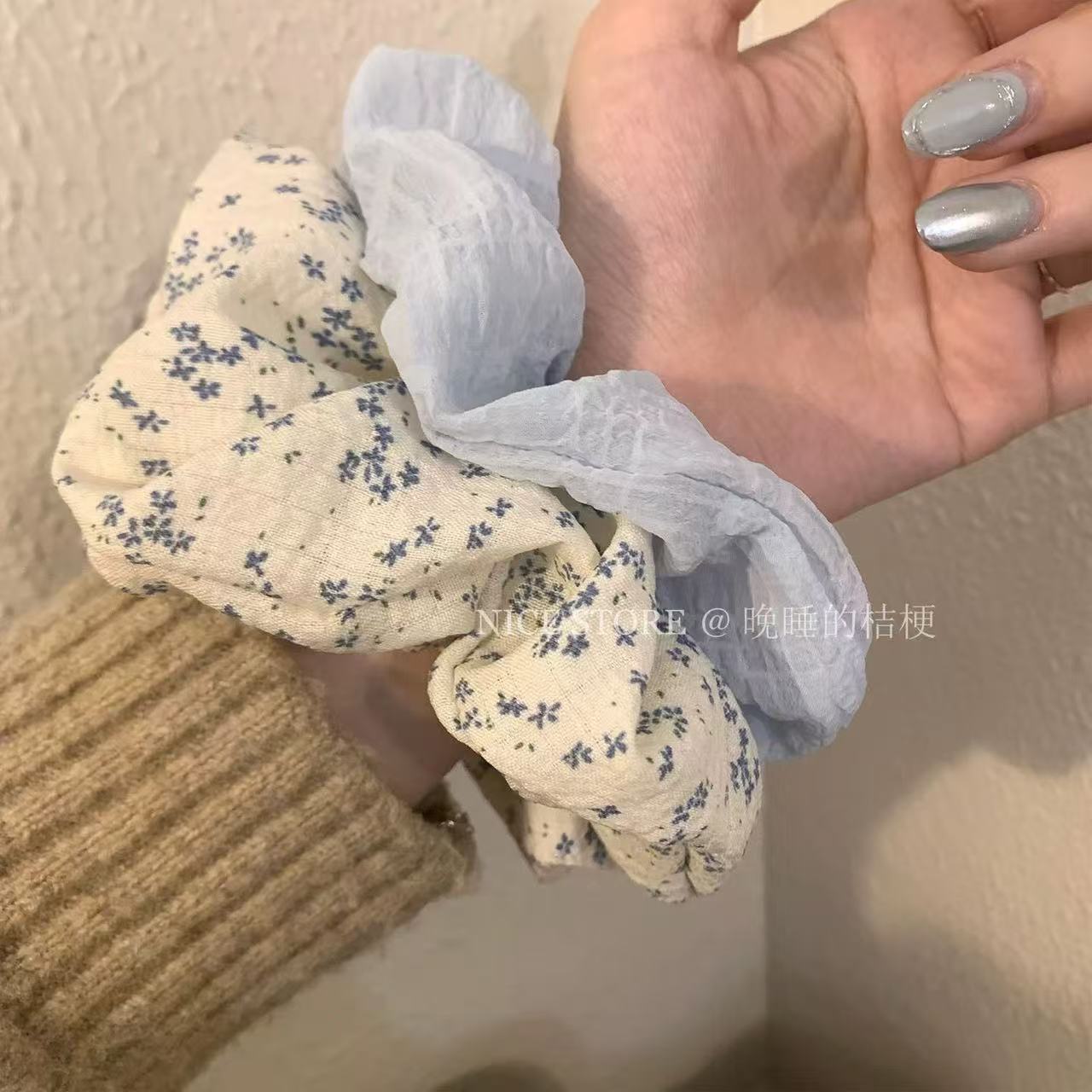 Sweet hair accessory, ponytail bun, spring jasmine floral print, Korean-style large intestine hair band, and hair tie pic 3