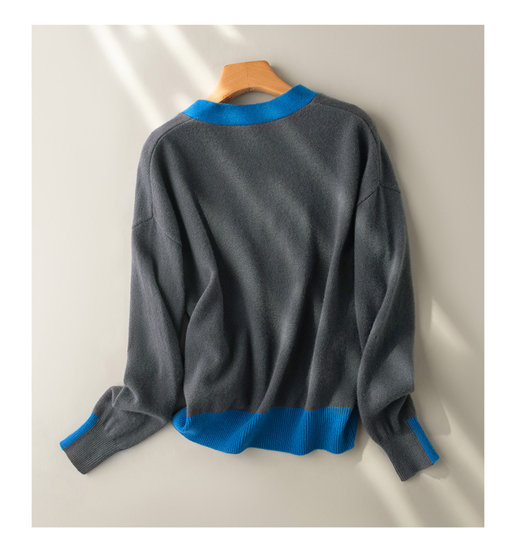 A stylish V-neck contrasting color wool cardigan with a simple and loose, fashionable knitted jacket for women in the autumn of 2024 pic 16