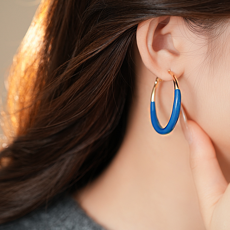 银针跨境蓝色滴油圆形耳环时尚潮流欧美风耳圈夸张设计感耳饰批发详情13