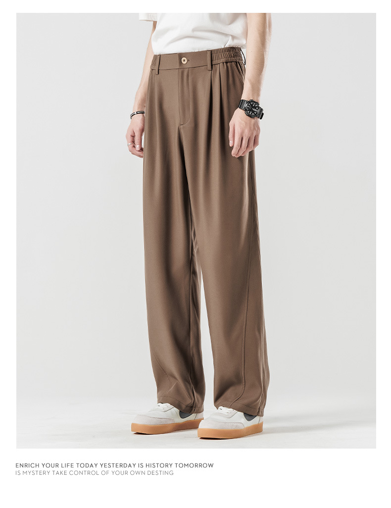 Drapeado casual traje pantalones hombre verano fino hielo seda suelto drapeado sentido marrón premium sentido recto pantalones largos pic 4