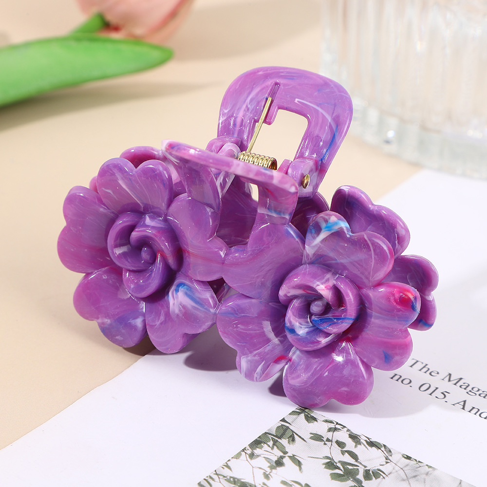 8cm创意玫瑰发爪渐变糖果色双花发饰立体发夹头饰抓夹鲨鱼夹跨境详情8