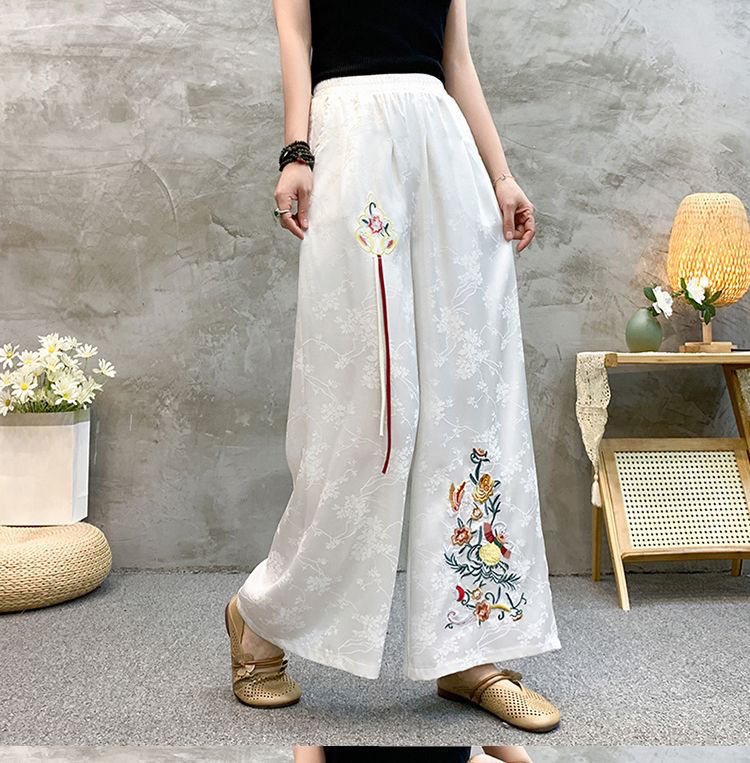 国潮绸面提花新中式民族风阔腿裤国风文艺刺绣花高腰休闲宽松长裤显瘦详情15