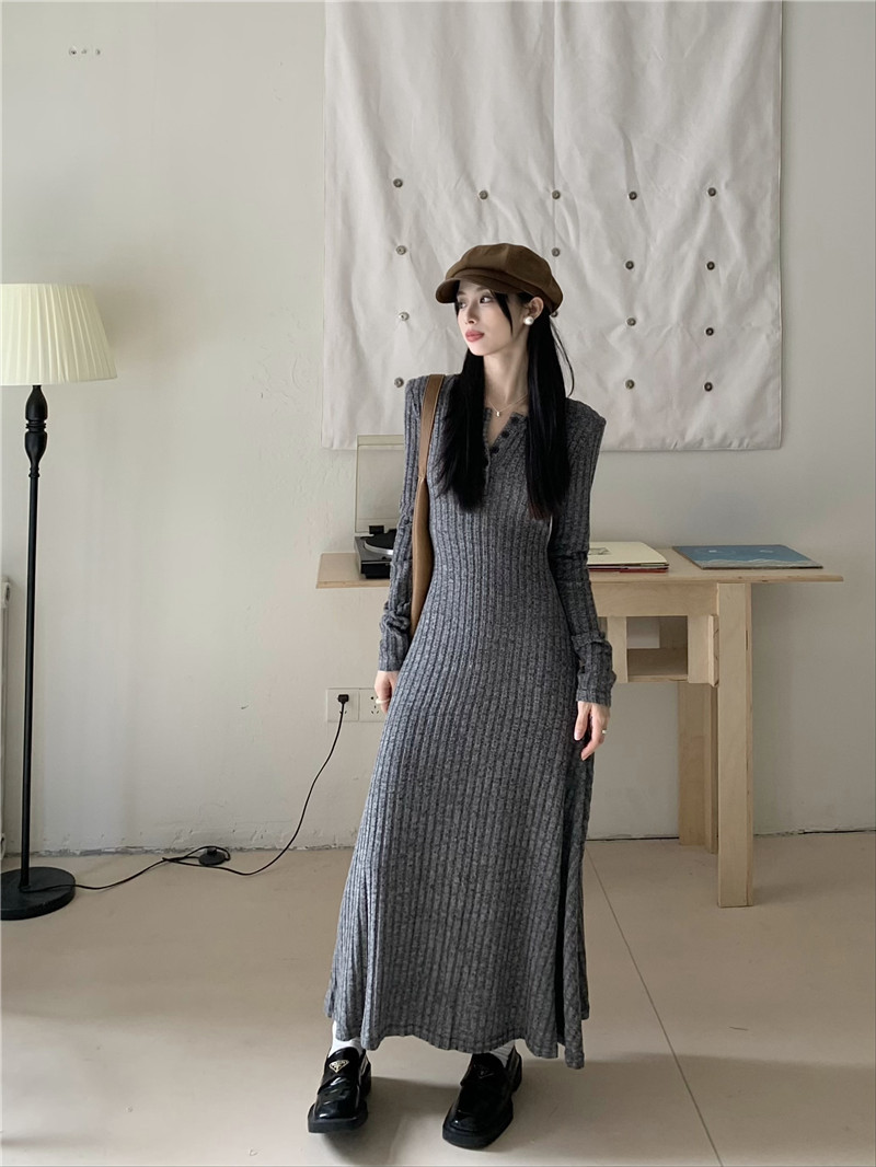 Retro, simple and versatile knitted long-sleeved dress for women, spring waist-cinching and slimming A-line dress, new autumn and winter base long dress pic 29