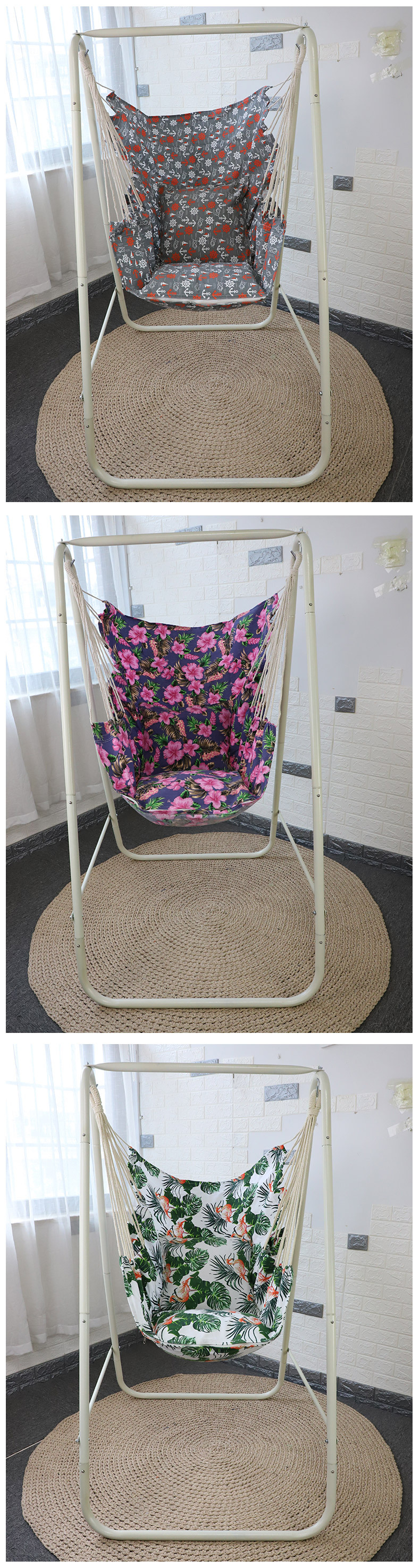 Wholesale of indoor cotton canvas hammocks, printed outdoor swings, stainless steel frame hanging baskets, camping outdoor pic 7